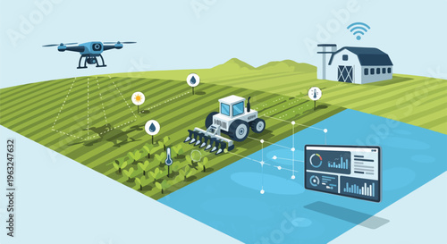 Farm illustration using a drone, tractor, and monitoring system