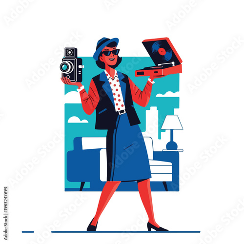 Fashionable figure holding camera and record player. Retro themed illustration