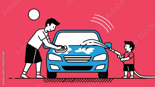 Man and Boy Washing Blue Car Together.