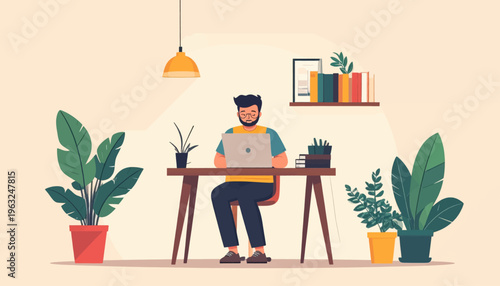 Man Working on Laptop at Desk.