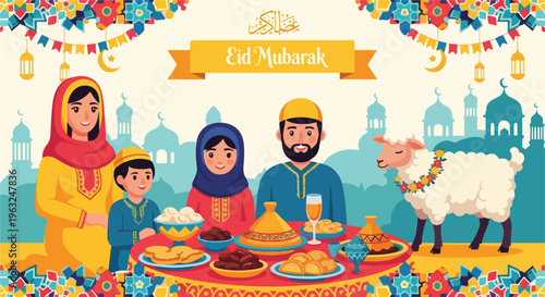 Festive family illustration with food, a sheep, and decorations