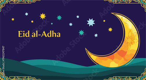 Festive digital illustration with crescent moon, stars, and text