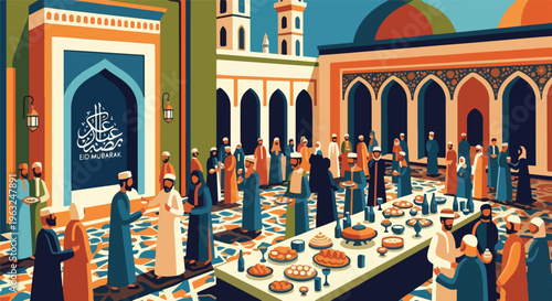 Festive gathering with people, food, and archways in a vibrant setting