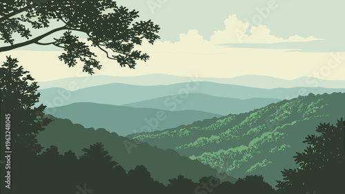 Panoramic mountain ridge with green forest and soft sky. Perfect for eco tourism design, nature wallpaper, outdoor banner, landscape illustration, and travel branding background.