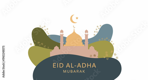Festive graphic with a mosque, crescent, star, and abstract shapes