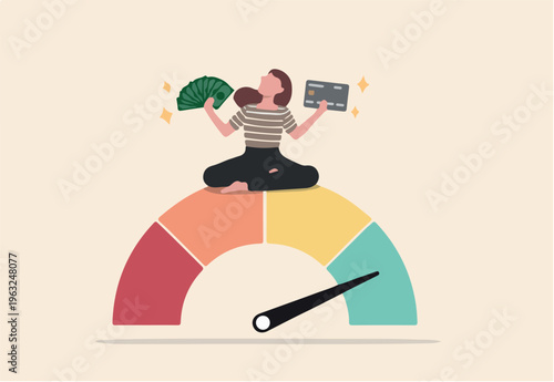 Good credit score for credit card spending with sufficient cash to pay debt create excellent personal financial plan, happy woman hold banknote and credit card sit above credit gauge at good rating