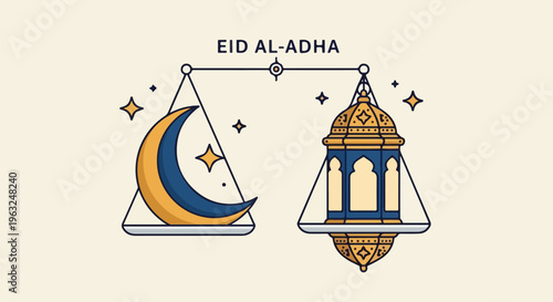 Festive graphic with crescent moon and lantern, balanced on a scale