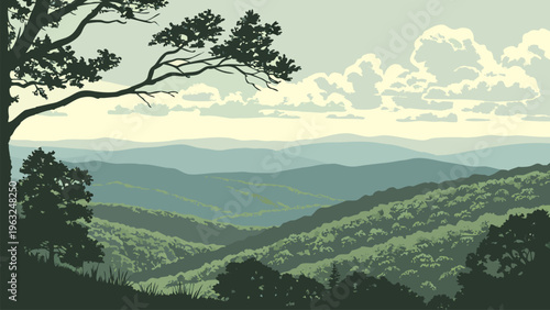 Atmospheric valley view with forest silhouettes and layered hills. Ideal for nature background, hiking adventure poster, outdoor website banner, travel illustration, and calm scenery art.