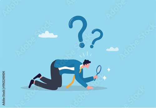 Detect or discover fact, information or analysis, curiosity, research or search in details, exploration or finding solution concept, businessman detective looking through magnifying glass searching