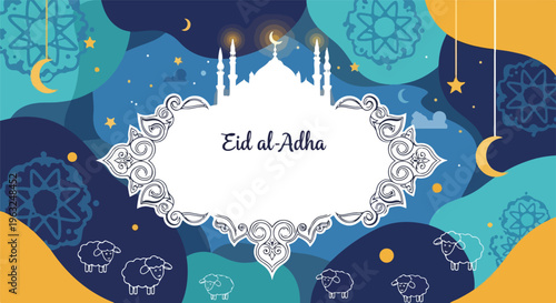 Festive graphic with mosque silhouette, sheep, moons, stars, & abstract shapes