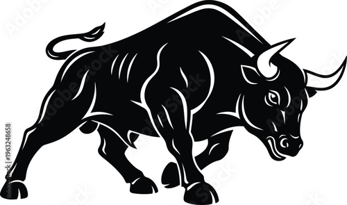 A black bull with white outlines in a dynamic stance
