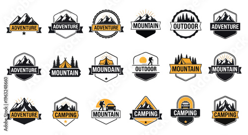 Outdoor Adventure Badge Logo Set, Mountain Camping Hiking Vector Emblems Collection