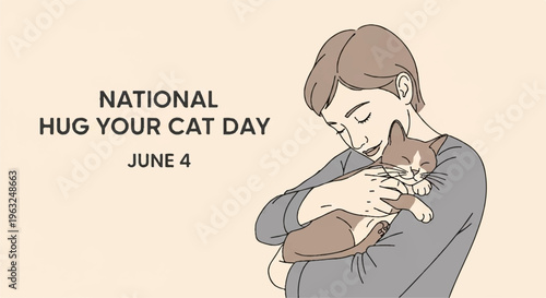 Woman hugging brown cat on national hug your cat day june 4 emotive illustration