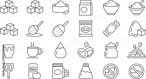 Sugar Food Icons Set – Line Vector Collection of Desserts, Sweet Ingredients and No Sugar Symbol