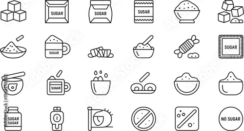 Sugar Food Icons Set – Line Vector Collection of Desserts, Sweet Ingredients and No Sugar Symbol