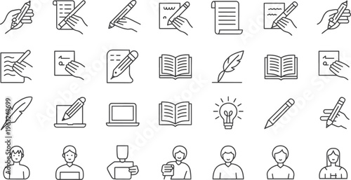 Minimalist line icons for writing, reading, storytelling, education, and creative authorship.
