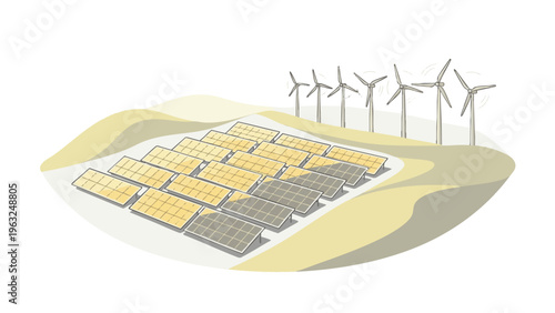 Renewable Energy Farm with Solar Panels and Spinning Wind Turbines