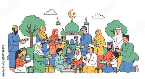 Festive illustration depicts a gathering of people celebrating with food and gifts