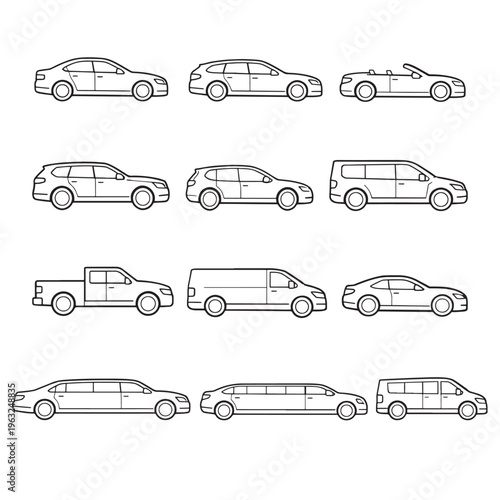Photography Vehicle Outline Icons Set, Car Van Pickup Limousine Side View Line Art Vector Co