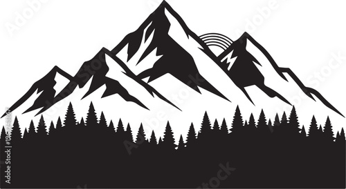 Mountain range silhouette, snowy peaks, forest landscape, black vector icon