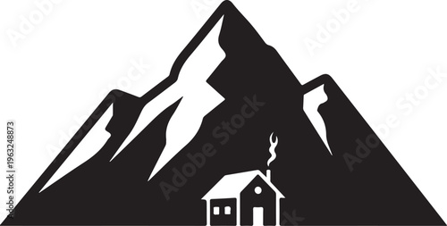 Mountain landscape, cabin silhouette, black and white vector, scenic illustration, rural scenery