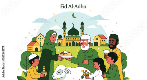 Festive illustration celebrating Eid Al-Adha with a gathering of people