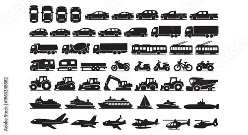 Vehicle Silhouette Icons Set, Cars Trucks Buses Trams Ships Planes Construction Transport Vector