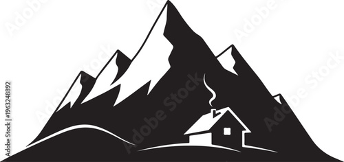 Black mountain landscape, cabin silhouette, vector illustration, scenic mountains