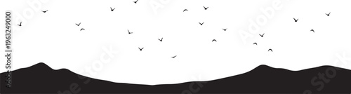 Minimalist mountain landscape, silhouette scenery, vector background, birds flying