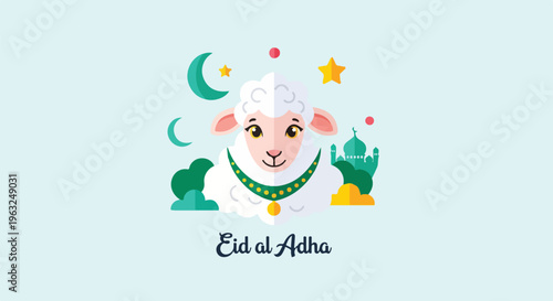 Festive illustration featuring a sheep, crescent moons, stars, and mosque, centered
