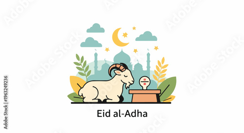 Festive illustration with a goat, mosque, and crescent moon