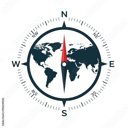 Compass pointing north over a stylized world map, symbolizing travel and direction.