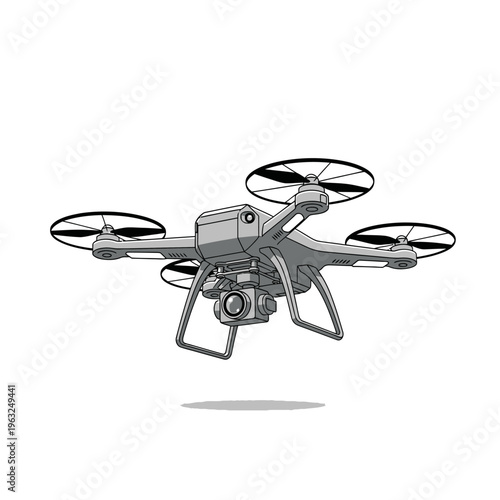 A modern quadcopter drone with a camera mounted underneath, isolated on a white background.