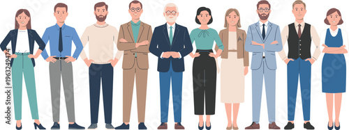 Diverse corporate business team of successful professional men and women standing together in formal suits and smart casual attire.