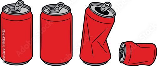 Set of red aluminum soda cans in various states including full and crushed for recycling or beverage concept.
