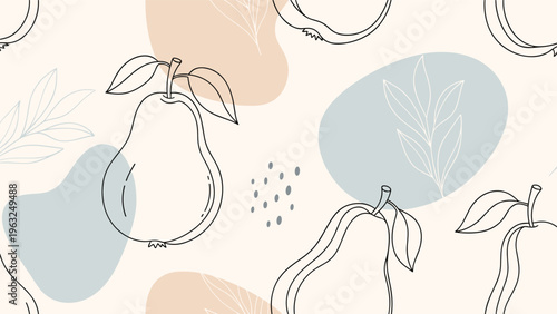 Modern abstract seamless pattern depicting minimalist line art pears and subtle organic shapes in blue and beige on a light neutral background, perfect for contemporary decor.