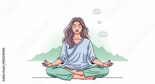 Woman meditates in lotus position with eyes closed serene atmosphere green pants blue shirt mountain background