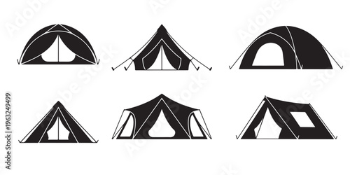 Collection of camping tent icons in black silhouette style showing various tent shapes