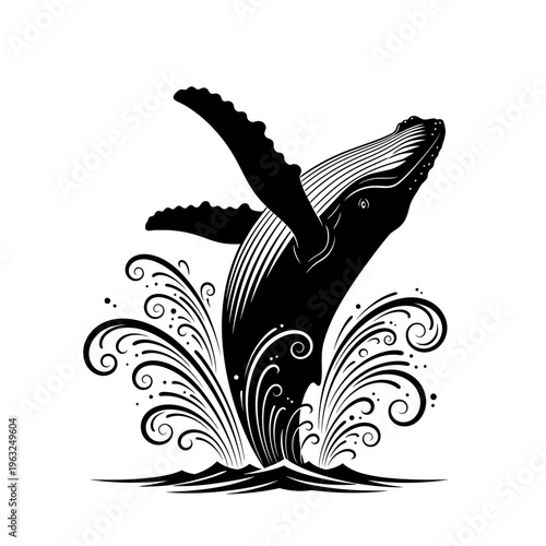 A majestic humpback whale breaching from the ocean waves, depicted in a striking black and white illustration.