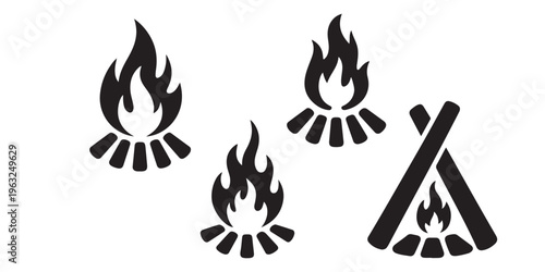 Minimal campfire icon set in black silhouette style featuring multiple fire and wood arrangements isolated