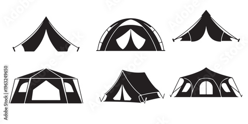 Collection of camping tent icons in black silhouette style showing various tent shapes