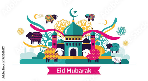 Festive vector illustration with a mosque, sheep, and celebratory elements