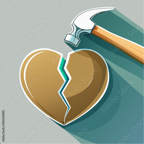 Hammer breaking a heart shaped eggshell symbolizing heartbreak.
