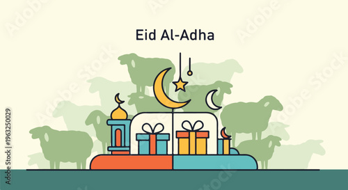 Festive vector illustration with sheep, crescent moons, gifts, and text