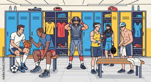 Group of athletes prepare in a locker room with sports equipment
