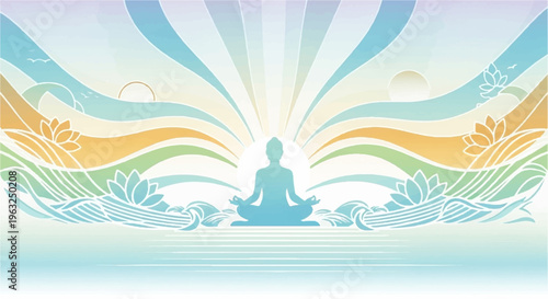 Serene person meditating in lotus position with vibrant sunburst and floral waves in background