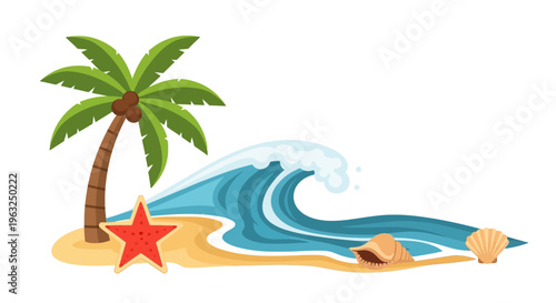 A cartoon beach scene with a palm tree, starfish, and wave crashing on shore.