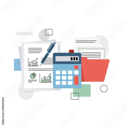 Financial planning and analysis with calculator, charts, and documents on a white background.