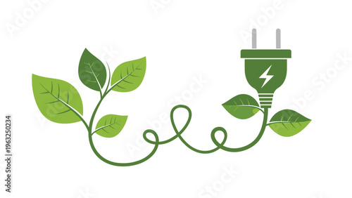 Concept illustration of a green power plug with a lightning symbol connected by a leafy vine, representing renewable energy and eco-friendly electricity solutions.