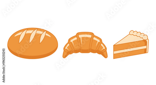 An illustration of loaf bread, croissant, and cake on a white background
